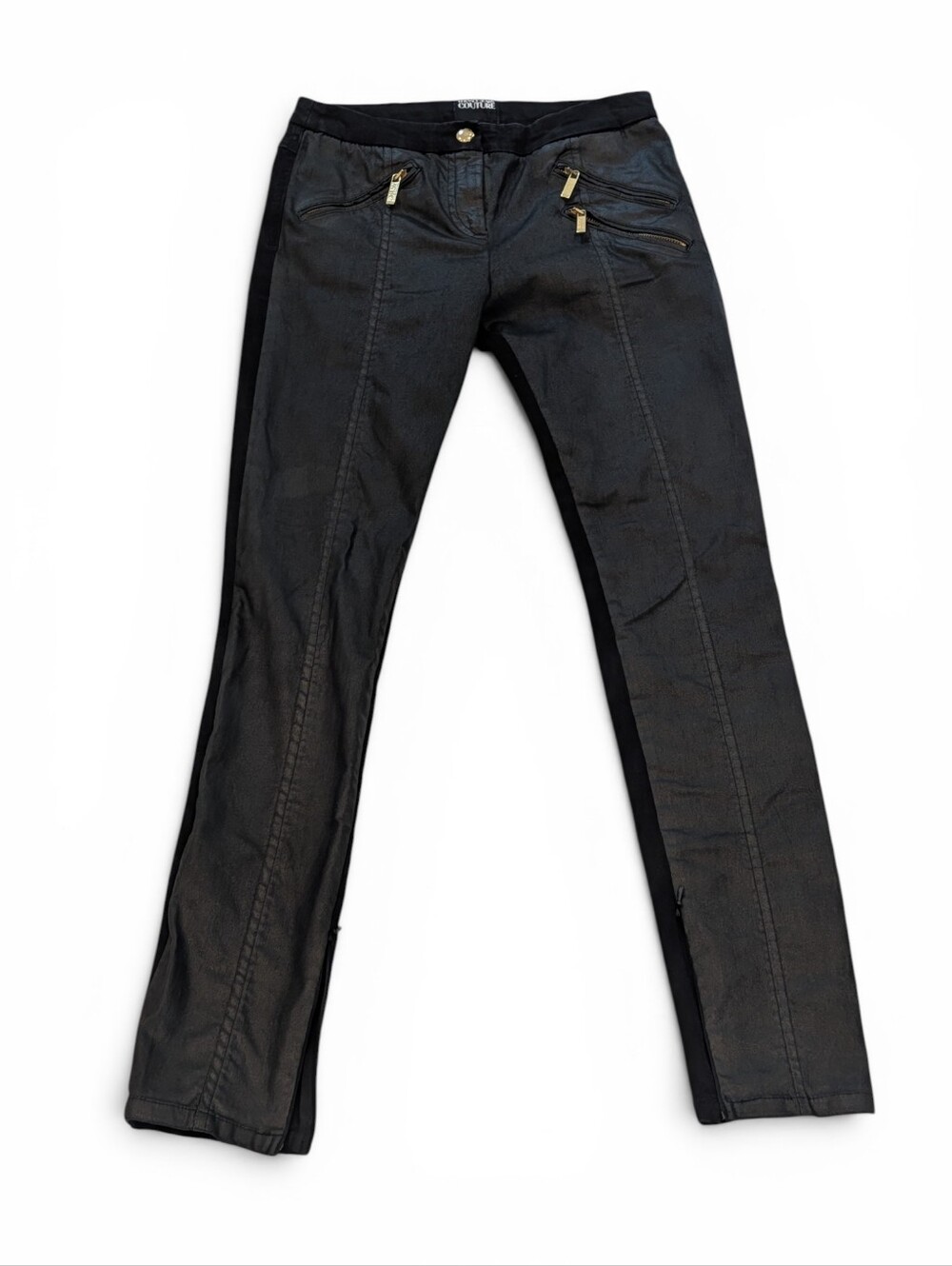Versace Jeans Couture Black Moto 3 Zipper Leather Logo Patch Jeans Size EU 38